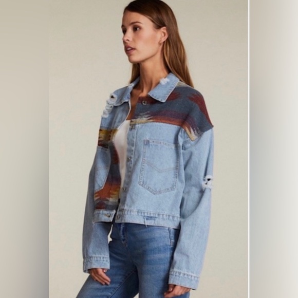 Denim Jacket w/ Contrast Fabric & Front Patch Pocket - Picture 2 of 4